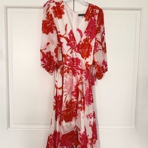 Danny & Nicole Floral Wrap Dress Pink and Red Chiffon Midi Fit Flare Size 12P